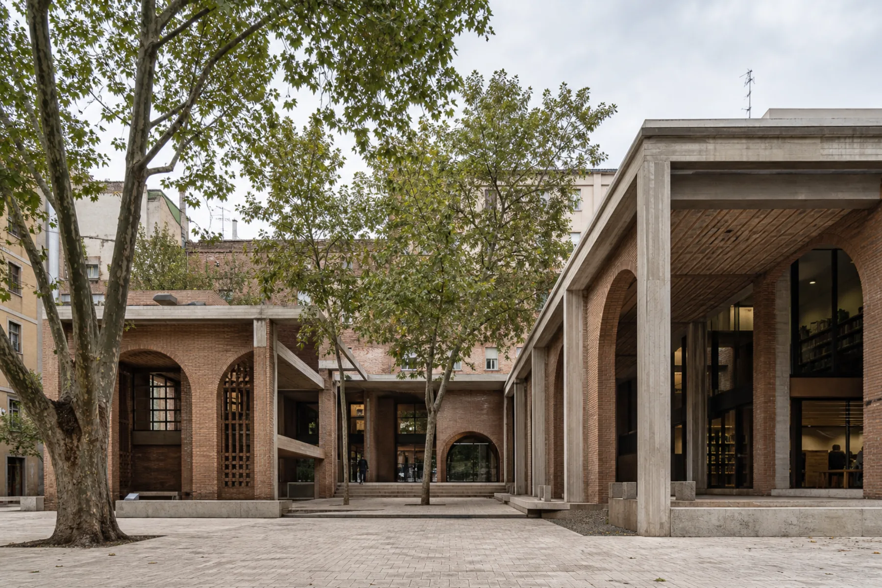 Brick and concrete public library courtyard